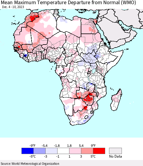 Africa Mean Maximum Temperature Departure from Normal (WMO) Thematic Map For 12/4/2023 - 12/10/2023