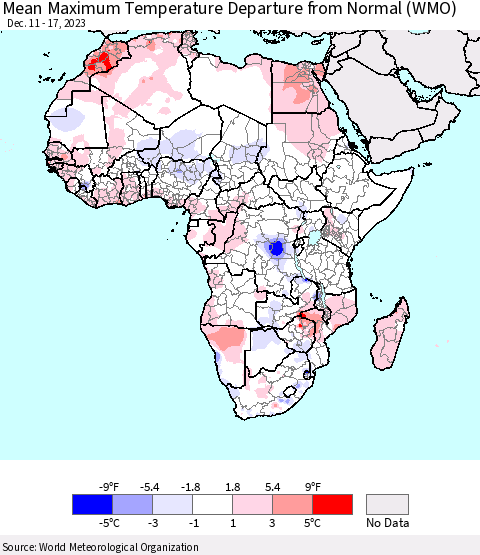 Africa Mean Maximum Temperature Departure from Normal (WMO) Thematic Map For 12/11/2023 - 12/17/2023