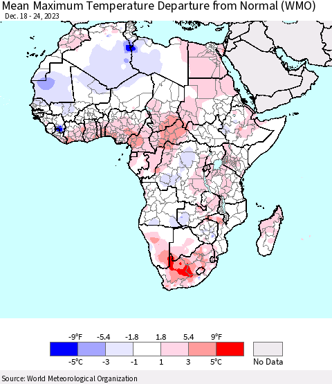 Africa Mean Maximum Temperature Departure from Normal (WMO) Thematic Map For 12/18/2023 - 12/24/2023
