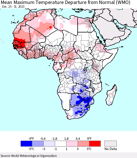 Africa Mean Maximum Temperature Departure from Normal (WMO) Thematic Map For 12/25/2023 - 12/31/2023