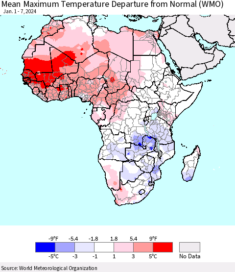 Africa Mean Maximum Temperature Departure from Normal (WMO) Thematic Map For 1/1/2024 - 1/7/2024