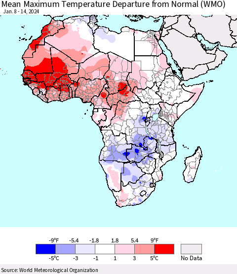 Africa Mean Maximum Temperature Departure from Normal (WMO) Thematic Map For 1/8/2024 - 1/14/2024