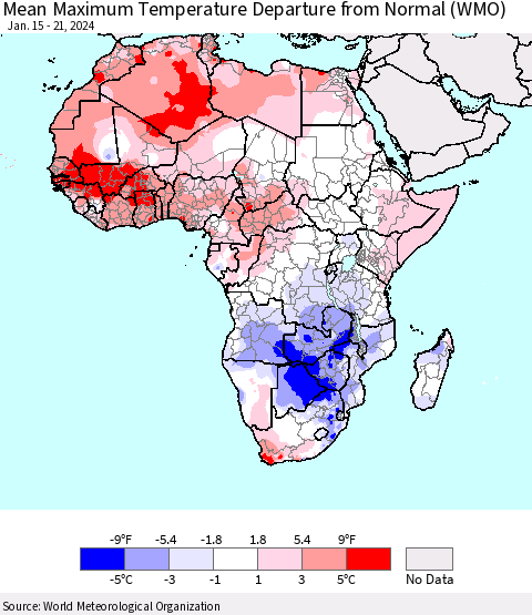 Africa Mean Maximum Temperature Departure from Normal (WMO) Thematic Map For 1/15/2024 - 1/21/2024