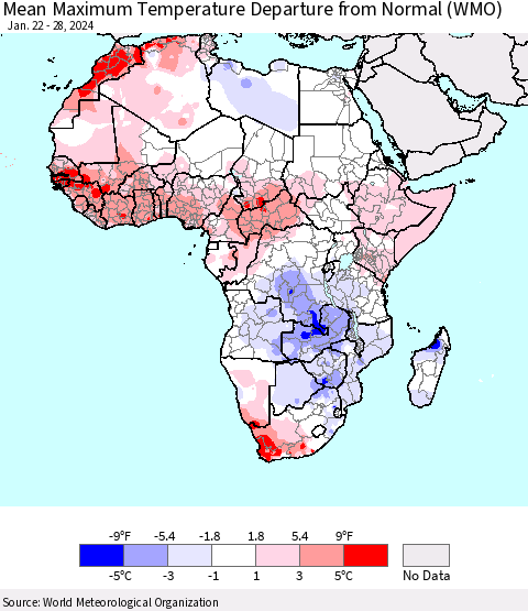 Africa Mean Maximum Temperature Departure from Normal (WMO) Thematic Map For 1/22/2024 - 1/28/2024
