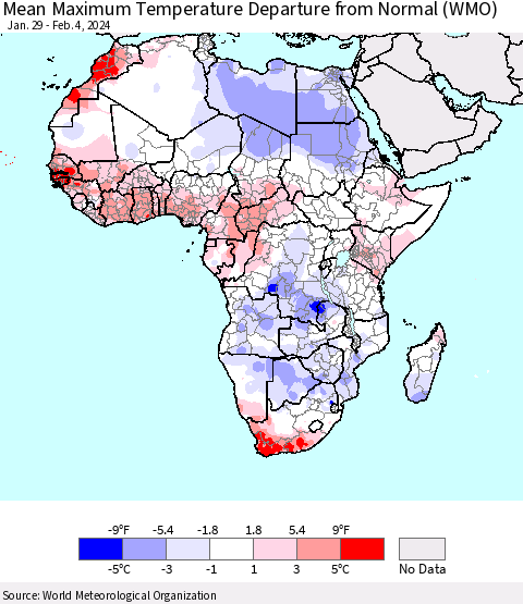 Africa Mean Maximum Temperature Departure from Normal (WMO) Thematic Map For 1/29/2024 - 2/4/2024