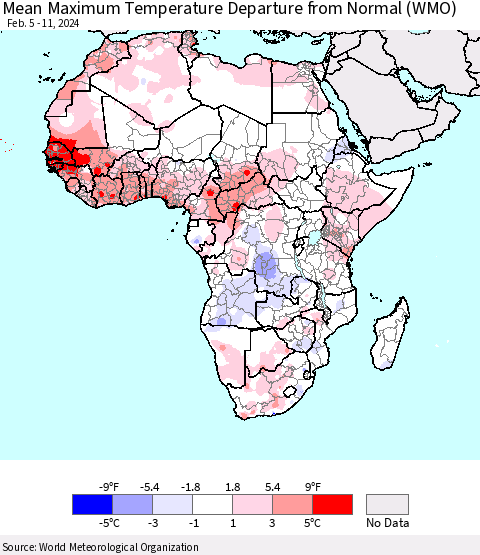 Africa Mean Maximum Temperature Departure from Normal (WMO) Thematic Map For 2/5/2024 - 2/11/2024