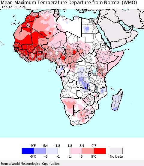 Africa Mean Maximum Temperature Departure from Normal (WMO) Thematic Map For 2/12/2024 - 2/18/2024