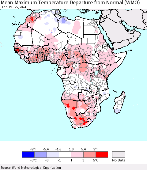 Africa Mean Maximum Temperature Departure from Normal (WMO) Thematic Map For 2/19/2024 - 2/25/2024