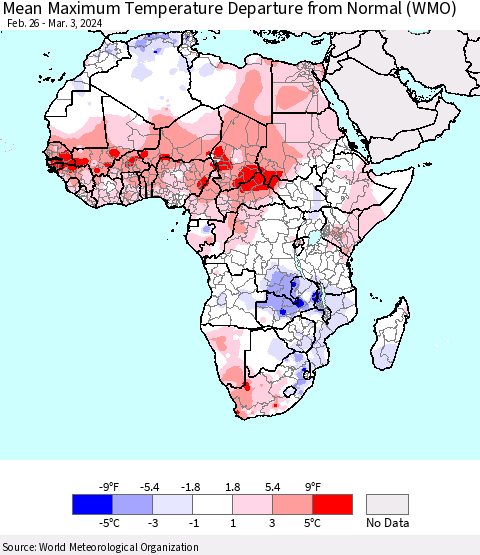 Africa Mean Maximum Temperature Departure from Normal (WMO) Thematic Map For 2/26/2024 - 3/3/2024