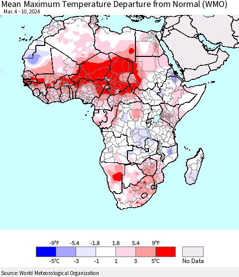 Africa Mean Maximum Temperature Departure from Normal (WMO) Thematic Map For 3/4/2024 - 3/10/2024