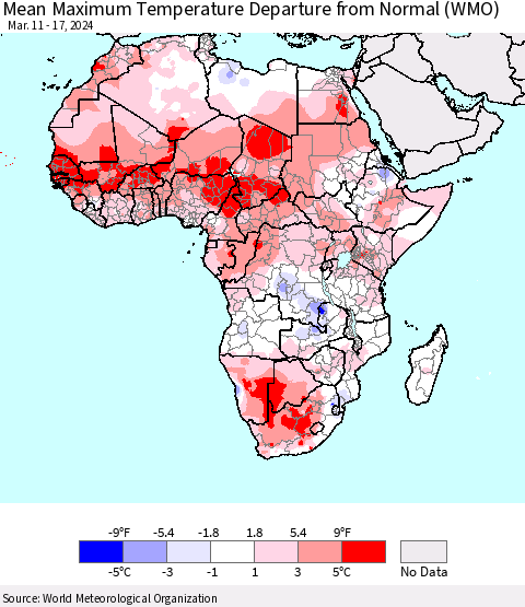 Africa Mean Maximum Temperature Departure from Normal (WMO) Thematic Map For 3/11/2024 - 3/17/2024