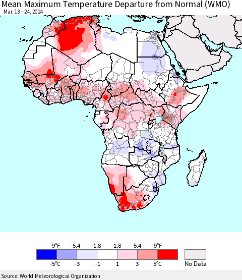 Africa Mean Maximum Temperature Departure from Normal (WMO) Thematic Map For 3/18/2024 - 3/24/2024