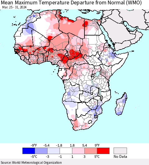 Africa Mean Maximum Temperature Departure from Normal (WMO) Thematic Map For 3/25/2024 - 3/31/2024