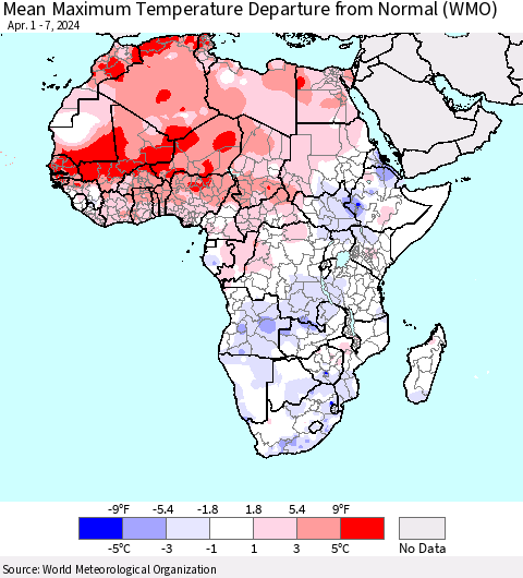 Africa Mean Maximum Temperature Departure from Normal (WMO) Thematic Map For 4/1/2024 - 4/7/2024