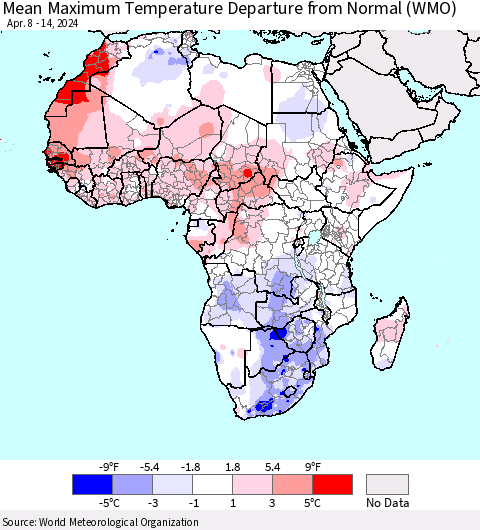 Africa Mean Maximum Temperature Departure from Normal (WMO) Thematic Map For 4/8/2024 - 4/14/2024