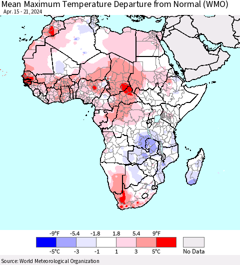 Africa Mean Maximum Temperature Departure from Normal (WMO) Thematic Map For 4/15/2024 - 4/21/2024