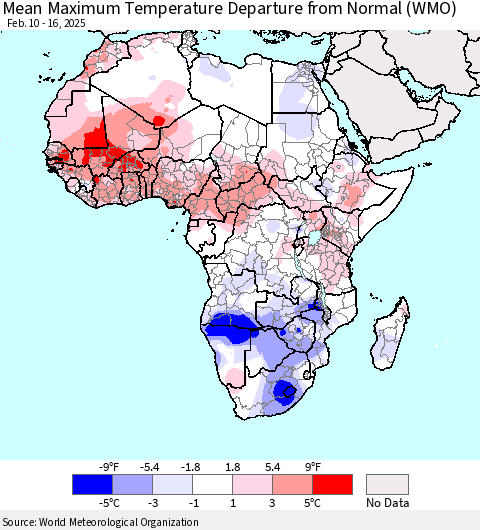 Africa Mean Maximum Temperature Departure from Normal (WMO) Thematic Map For 2/10/2025 - 2/16/2025