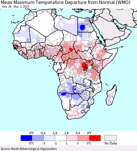 Africa Mean Maximum Temperature Departure from Normal (WMO) Thematic Map For 2/24/2025 - 3/2/2025