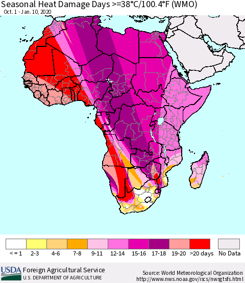 Africa Seasonal Heat Damage Days >=38°C/100°F (WMO) Thematic Map For 10/1/2019 - 1/10/2020