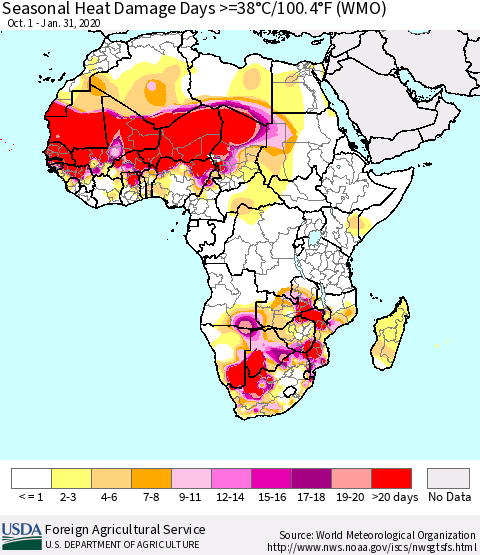 Africa Seasonal Heat Damage Days >=38°C/100°F (WMO) Thematic Map For 10/1/2019 - 1/31/2020