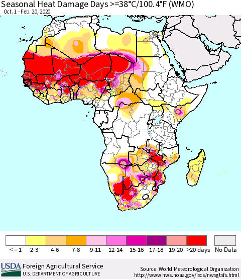 Africa Seasonal Heat Damage Days >=38°C/100°F (WMO) Thematic Map For 10/1/2019 - 2/20/2020