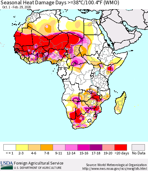 Africa Seasonal Heat Damage Days >=38°C/100°F (WMO) Thematic Map For 10/1/2019 - 2/29/2020