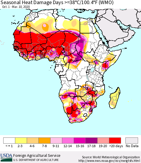 Africa Seasonal Heat Damage Days >=38°C/100°F (WMO) Thematic Map For 10/1/2019 - 3/10/2020