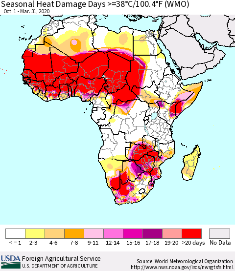 Africa Seasonal Heat Damage Days >=38°C/100°F (WMO) Thematic Map For 10/1/2019 - 3/31/2020