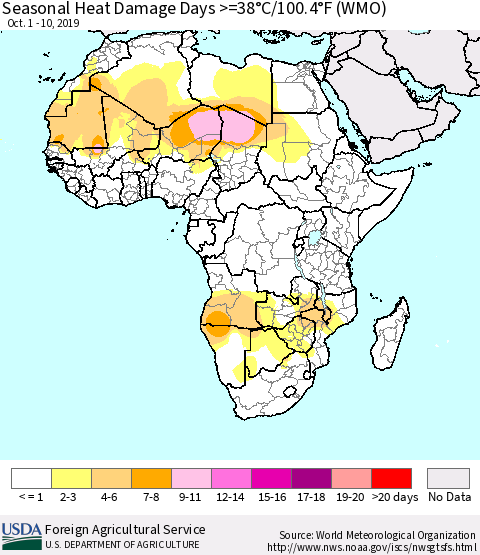 Africa Seasonal Heat Damage Days >=38°C/100°F (WMO) Thematic Map For 10/1/2019 - 10/10/2019
