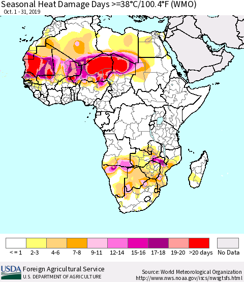 Africa Seasonal Heat Damage Days >=38°C/100°F (WMO) Thematic Map For 10/1/2019 - 10/31/2019