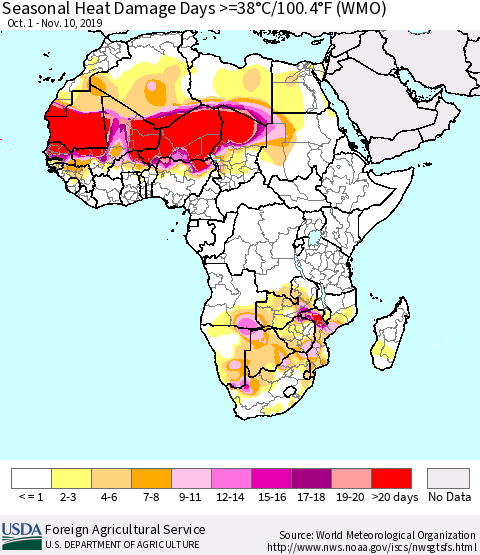 Africa Seasonal Heat Damage Days >=38°C/100°F (WMO) Thematic Map For 10/1/2019 - 11/10/2019