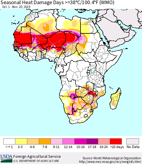 Africa Seasonal Heat Damage Days >=38°C/100°F (WMO) Thematic Map For 10/1/2019 - 11/20/2019