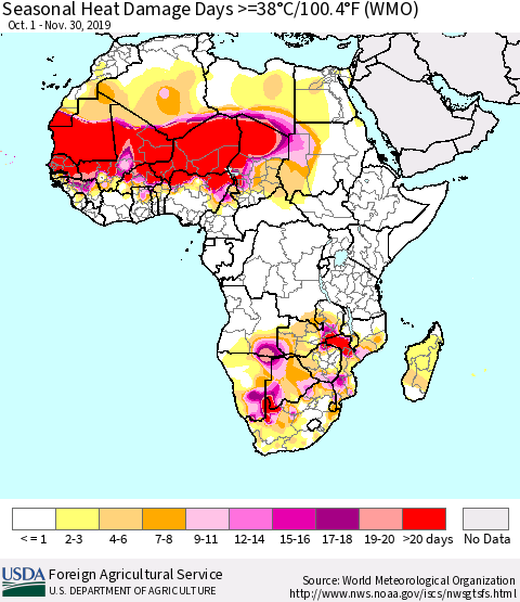 Africa Seasonal Heat Damage Days >=38°C/100°F (WMO) Thematic Map For 10/1/2019 - 11/30/2019