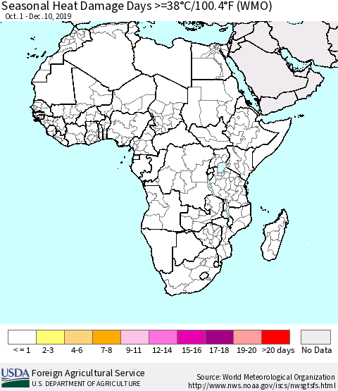 Africa Seasonal Heat Damage Days >=38°C/100°F (WMO) Thematic Map For 10/1/2019 - 12/10/2019