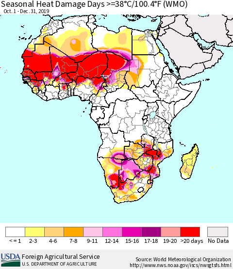 Africa Seasonal Heat Damage Days >=38°C/100°F (WMO) Thematic Map For 10/1/2019 - 12/31/2019