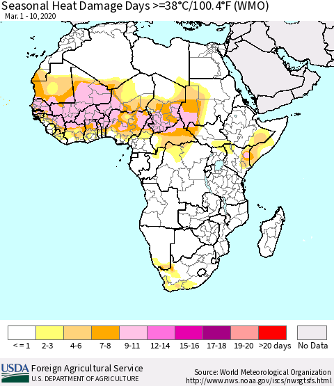 Africa Seasonal Heat Damage Days >=38°C/100°F (WMO) Thematic Map For 3/1/2020 - 3/10/2020