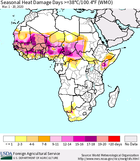 Africa Seasonal Heat Damage Days >=38°C/100°F (WMO) Thematic Map For 3/1/2020 - 3/20/2020
