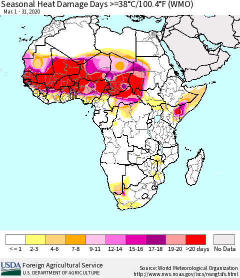 Africa Seasonal Heat Damage Days >=38°C/100°F (WMO) Thematic Map For 3/1/2020 - 3/31/2020