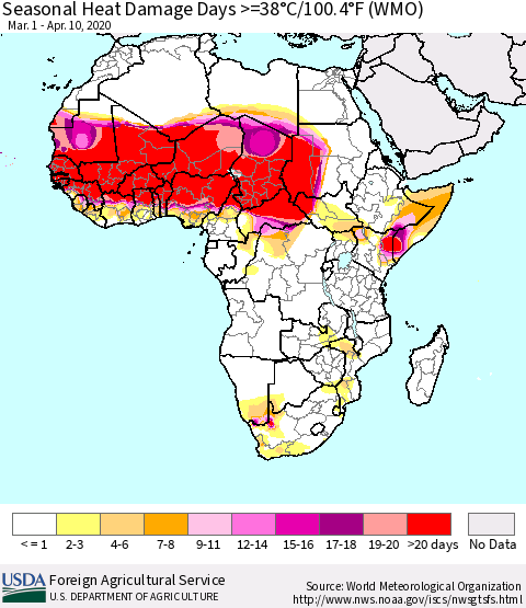 Africa Seasonal Heat Damage Days >=38°C/100°F (WMO) Thematic Map For 3/1/2020 - 4/10/2020