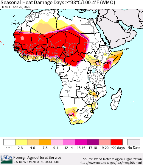 Africa Seasonal Heat Damage Days >=38°C/100°F (WMO) Thematic Map For 3/1/2020 - 4/20/2020