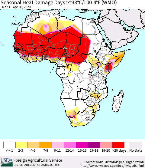 Africa Seasonal Heat Damage Days >=38°C/100°F (WMO) Thematic Map For 3/1/2020 - 4/30/2020
