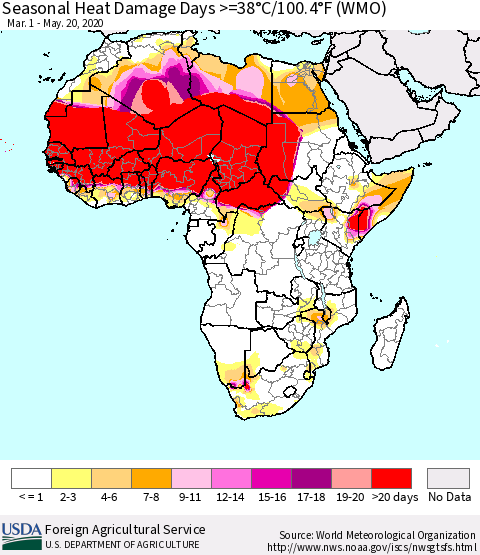 Africa Seasonal Heat Damage Days >=38°C/100°F (WMO) Thematic Map For 3/1/2020 - 5/20/2020