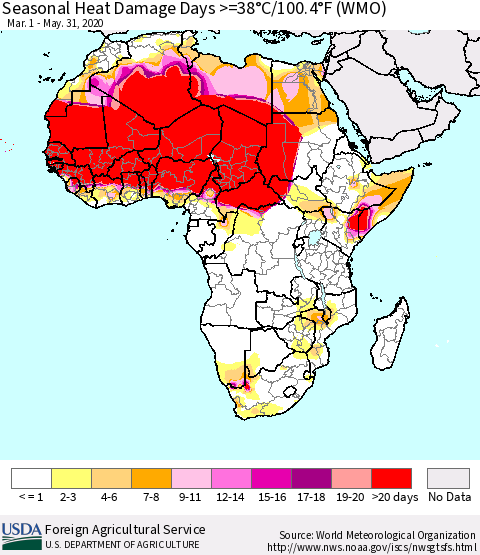 Africa Seasonal Heat Damage Days >=38°C/100°F (WMO) Thematic Map For 3/1/2020 - 5/31/2020
