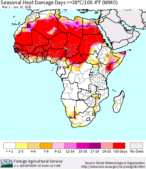 Africa Seasonal Heat Damage Days >=38°C/100°F (WMO) Thematic Map For 3/1/2020 - 6/10/2020
