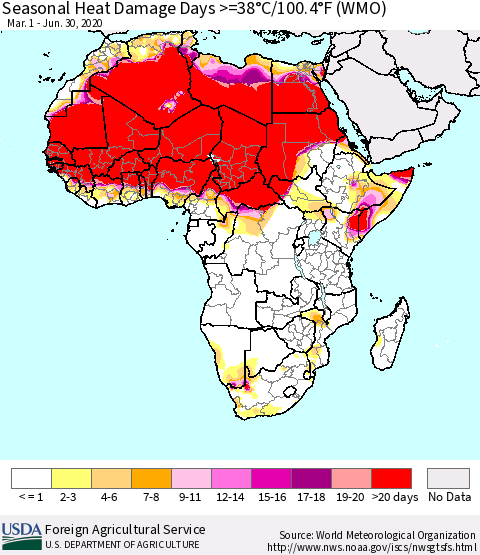 Africa Seasonal Heat Damage Days >=38°C/100°F (WMO) Thematic Map For 3/1/2020 - 6/30/2020