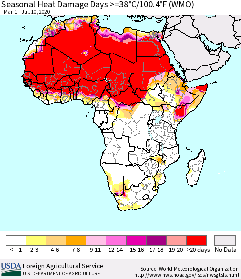 Africa Seasonal Heat Damage Days >=38°C/100°F (WMO) Thematic Map For 3/1/2020 - 7/10/2020