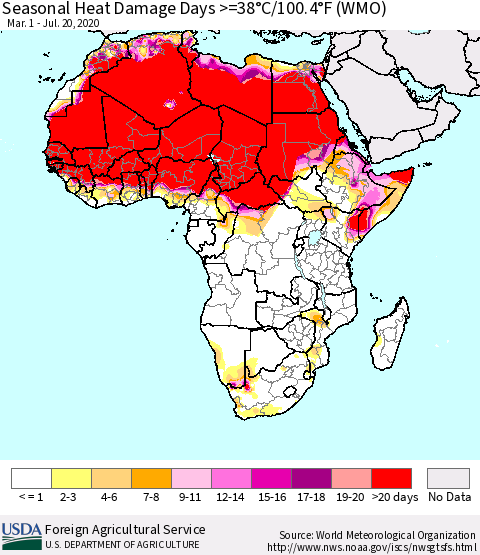 Africa Seasonal Heat Damage Days >=38°C/100°F (WMO) Thematic Map For 3/1/2020 - 7/20/2020