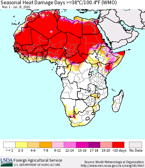 Africa Seasonal Heat Damage Days >=38°C/100°F (WMO) Thematic Map For 3/1/2020 - 7/31/2020