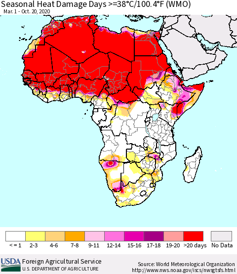 Africa Seasonal Heat Damage Days >=38°C/100°F (WMO) Thematic Map For 3/1/2020 - 10/20/2020