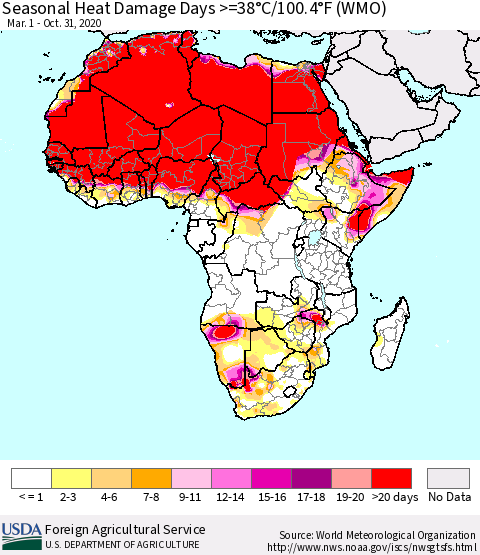 Africa Seasonal Heat Damage Days >=38°C/100°F (WMO) Thematic Map For 3/1/2020 - 10/31/2020